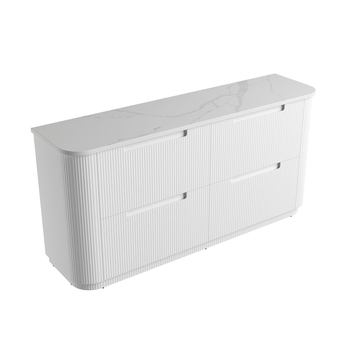 White storage bench with marble-like top on a white background