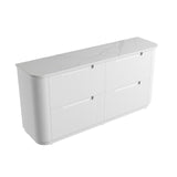 White storage bench with marble-like top on a white background