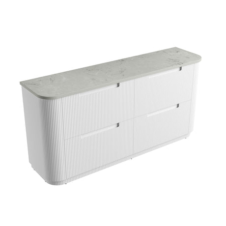 White storage bench with marble-like top on a white background