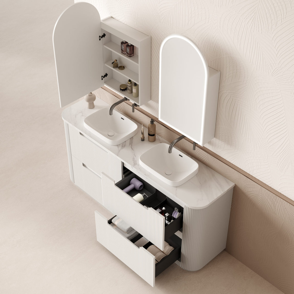 Bathroom vanity with open cabinet and mirror in a neutral setting