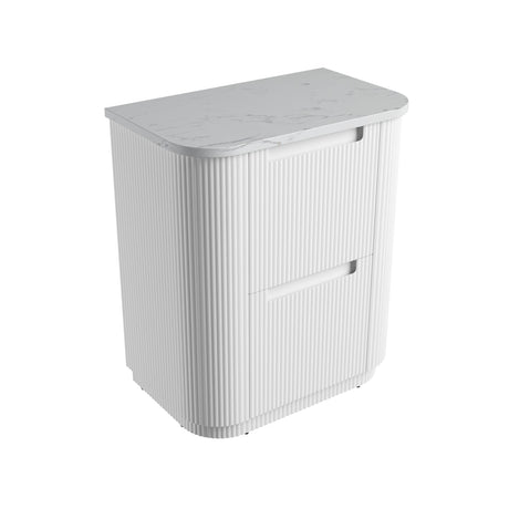 White cabinet with marble-like top on a white background