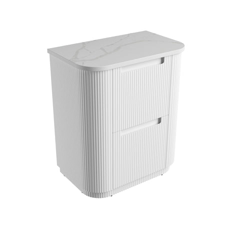 White rectangular storage unit with marble-like lid on a white background