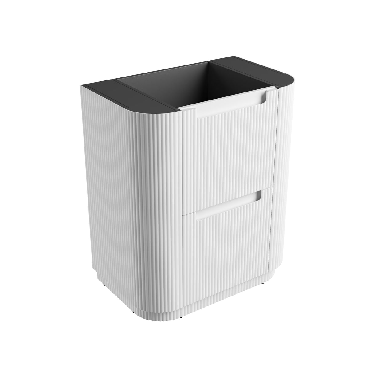 White cabinet with black top on a white background
