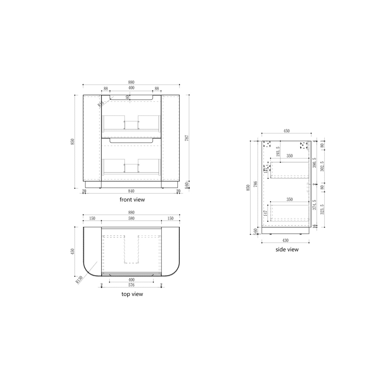 Technical drawing with dimensions of a product from front, side, and top views.