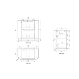 Technical drawing with dimensions of a product from front, side, and top views.