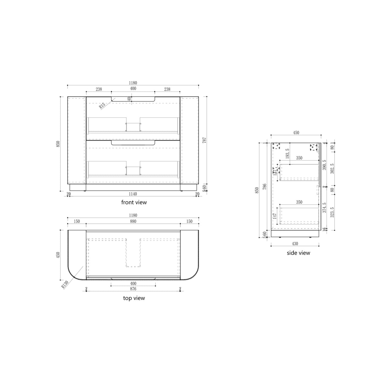 Technical drawings of a product with dimensions labeled for front, side, and top views.