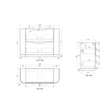 Technical drawings of a product with dimensions labeled for front, side, and top views.