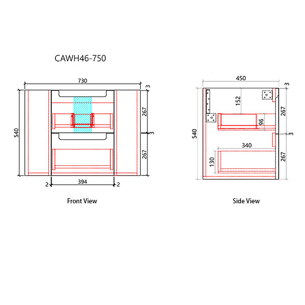 Technical drawing of a bathroom vanity with dimensions labeled