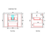 Technical drawing of a bathroom vanity with dimensions labeled