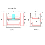 Technical drawing of a bathroom vanity with dimensions labeled