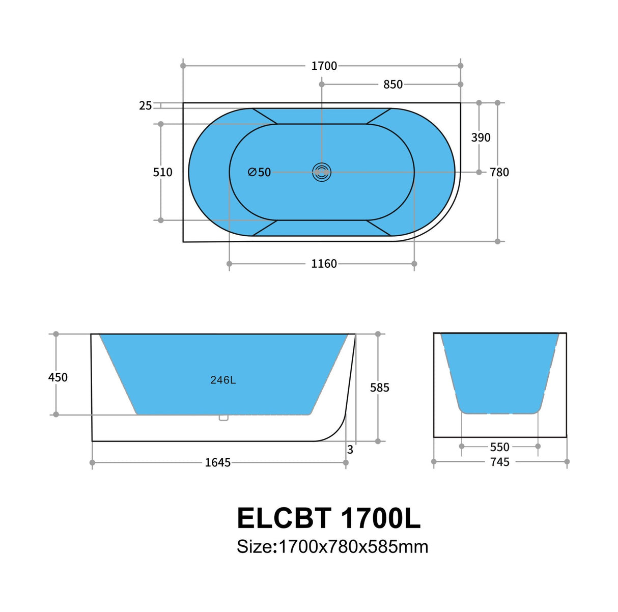 Technical drawing of a bathtub with dimensions on a white background