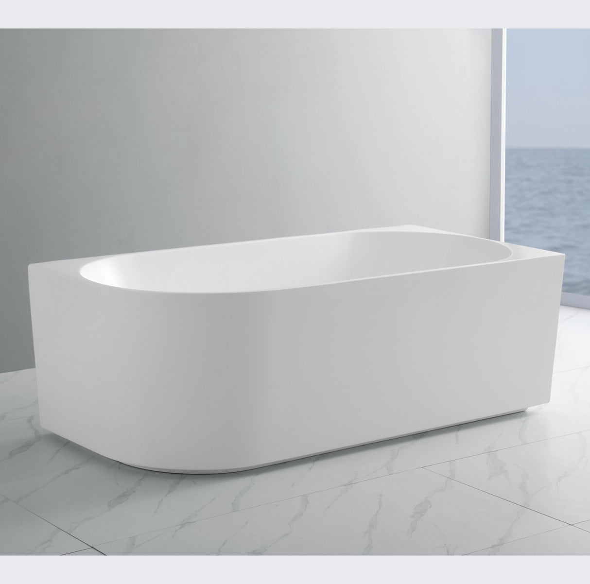 White freestanding bathtub in a modern bathroom setting