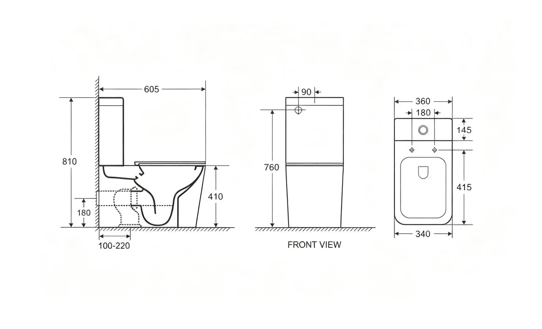 Technical dimension drawing of a wall-mounted toilet with front and side views, showing measurements such as 605, 760, 340, 415, 90, 180, and 410 on a white background.