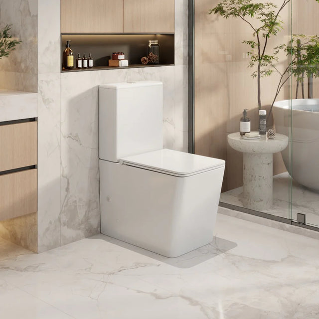 Modern bathroom with a white toilet and decorative elements.