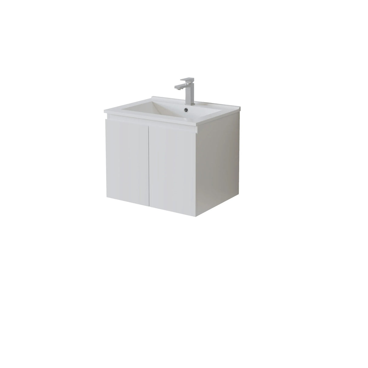 White bathroom vanity with sink and faucet on a white background