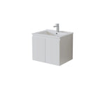 White bathroom vanity with sink and faucet on a white background
