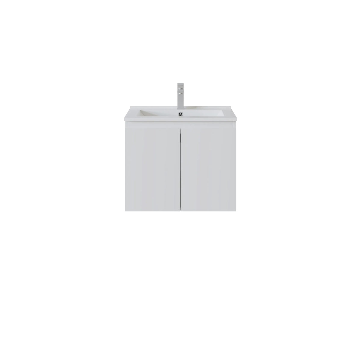 A modern wall-mounted bathroom vanity with two doors, an integrated white basin, and a tall chrome faucet, shown against a plain white background.
