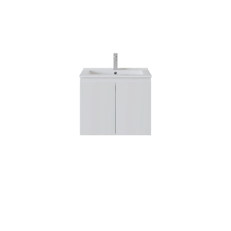 A modern wall-mounted bathroom vanity with two doors, an integrated white basin, and a tall chrome faucet, shown against a plain white background.