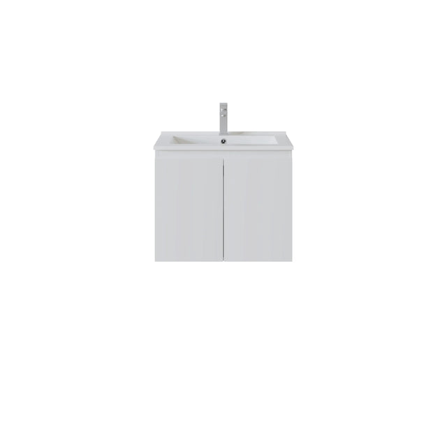 A modern wall-mounted bathroom vanity with two doors, an integrated white basin, and a tall chrome faucet, shown against a plain white background.