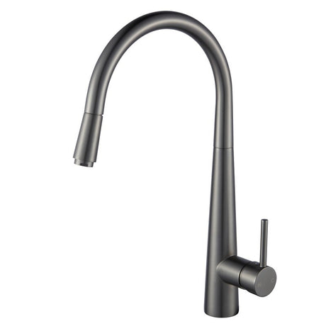 Modern kitchen faucet with a curved design on a white background