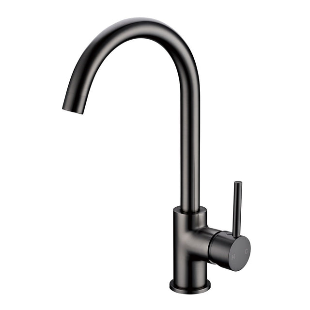 Gunmetal kitchen faucet on a white background