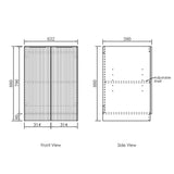 Technical drawings of a cabinet with dimensions labeled
