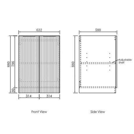 Technical drawings of a cabinet with dimensions labeled