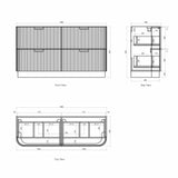 Technical line drawing showing three views of a rectangular storage cabinet or drawer unit: front view, side view, and top view, with dimension labels on a white background.