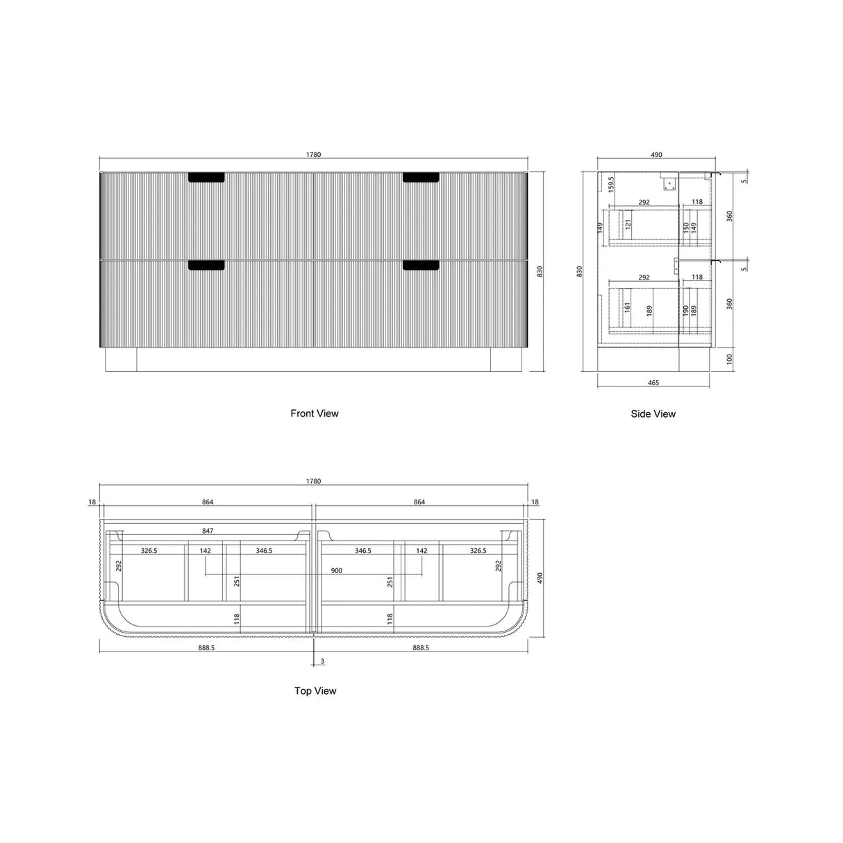 Technical dimension drawing of a modern double-slat sideboard or console table, showing front, side, and top views with measurements on a white background.