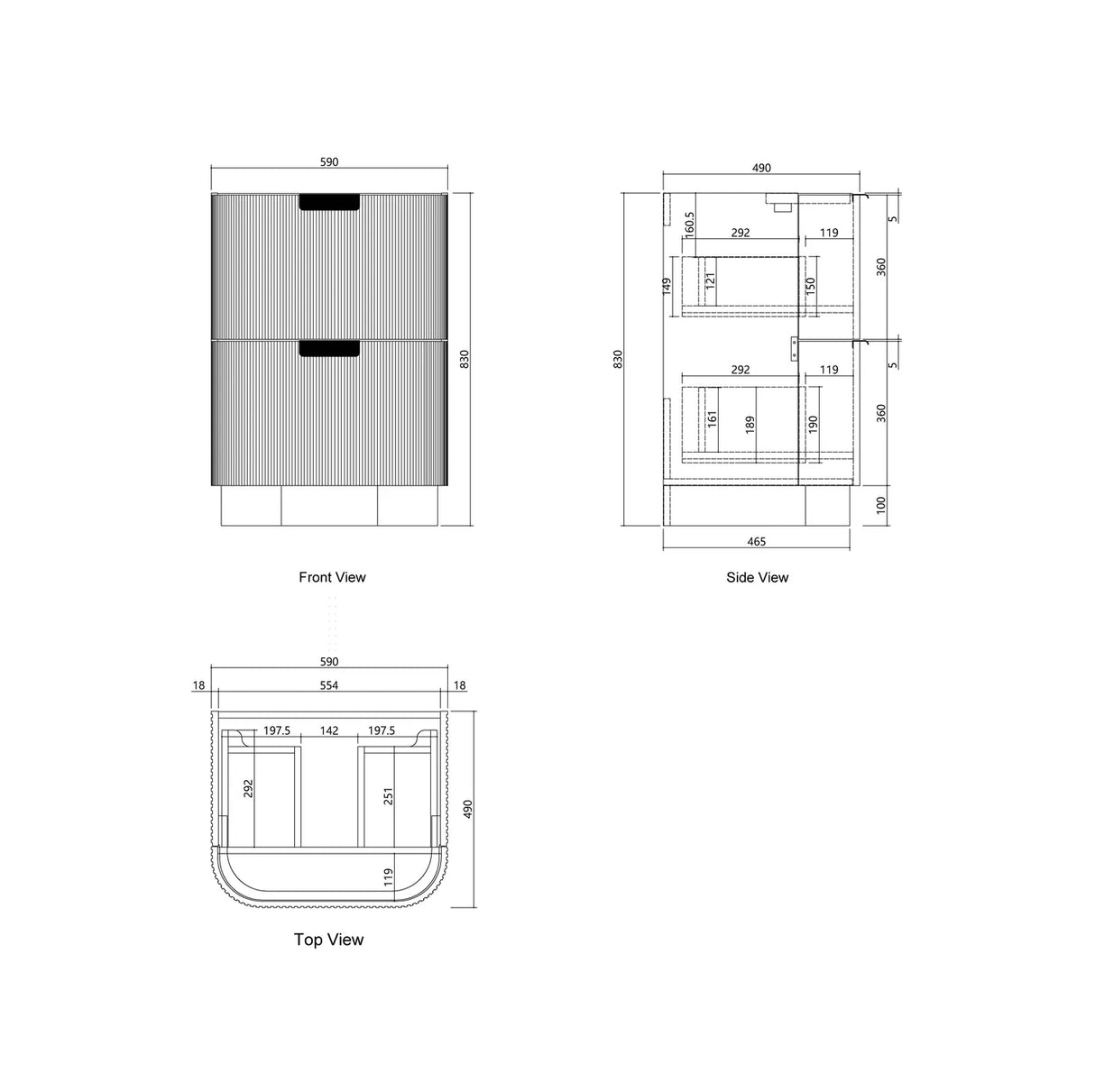 Technical dimension drawing of a two-drawer cabinet or drawer unit, showing front, side, and top views with measurements on a white background.