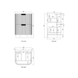 Technical dimension drawing of a two-drawer cabinet or drawer unit, showing front, side, and top views with measurements on a white background.