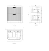 Technical dimension drawing of a two-door cabinet or drawer unit, showing front, side, and top views with measurements on a white background.