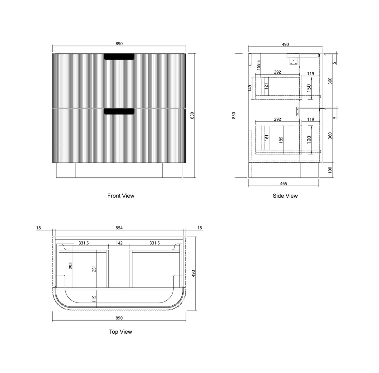 Technical dimension drawing of a two-door storage cabinet, showing front, side, and top views with measurements on a white background.