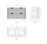 Technical dimension drawing of a two-door cabinet or drawer unit, showing front, side, and top views with measurements on a white background.