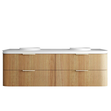 Wooden bathroom vanity with white countertop on a white background