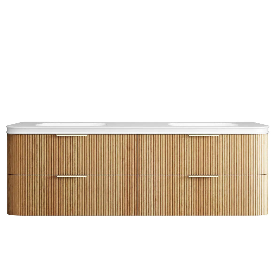 Bathroom vanity with wooden finish and white countertop on a white background