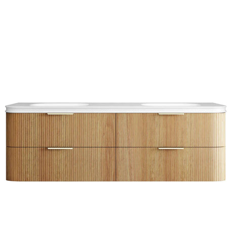 Bathroom vanity with wooden finish and white countertop on a white background