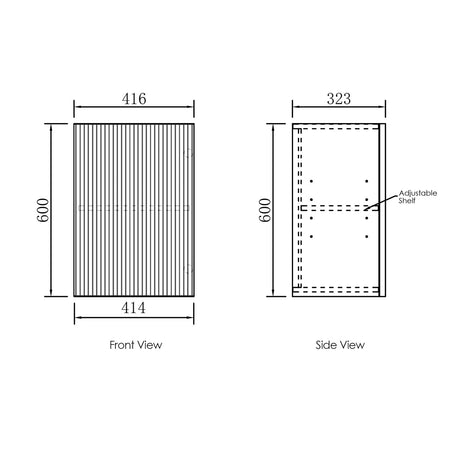 Dimensions of a rectangular cabinet shown from front and side views.