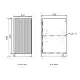 Dimensions of a rectangular cabinet with front and side views
