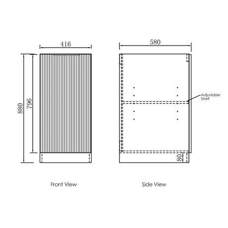 Dimensions of a rectangular cabinet with front and side views