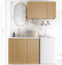 Bathroom with wooden cabinets, white sink, and marble wall.