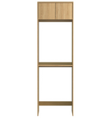 A tall, narrow wooden shelving unit or cabinet with a light natural wood finish, featuring a two-door top section and two open rectangular compartments below, shown against a plain white background.