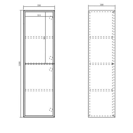 Technical drawing of a rectangular cabinet with dimensions