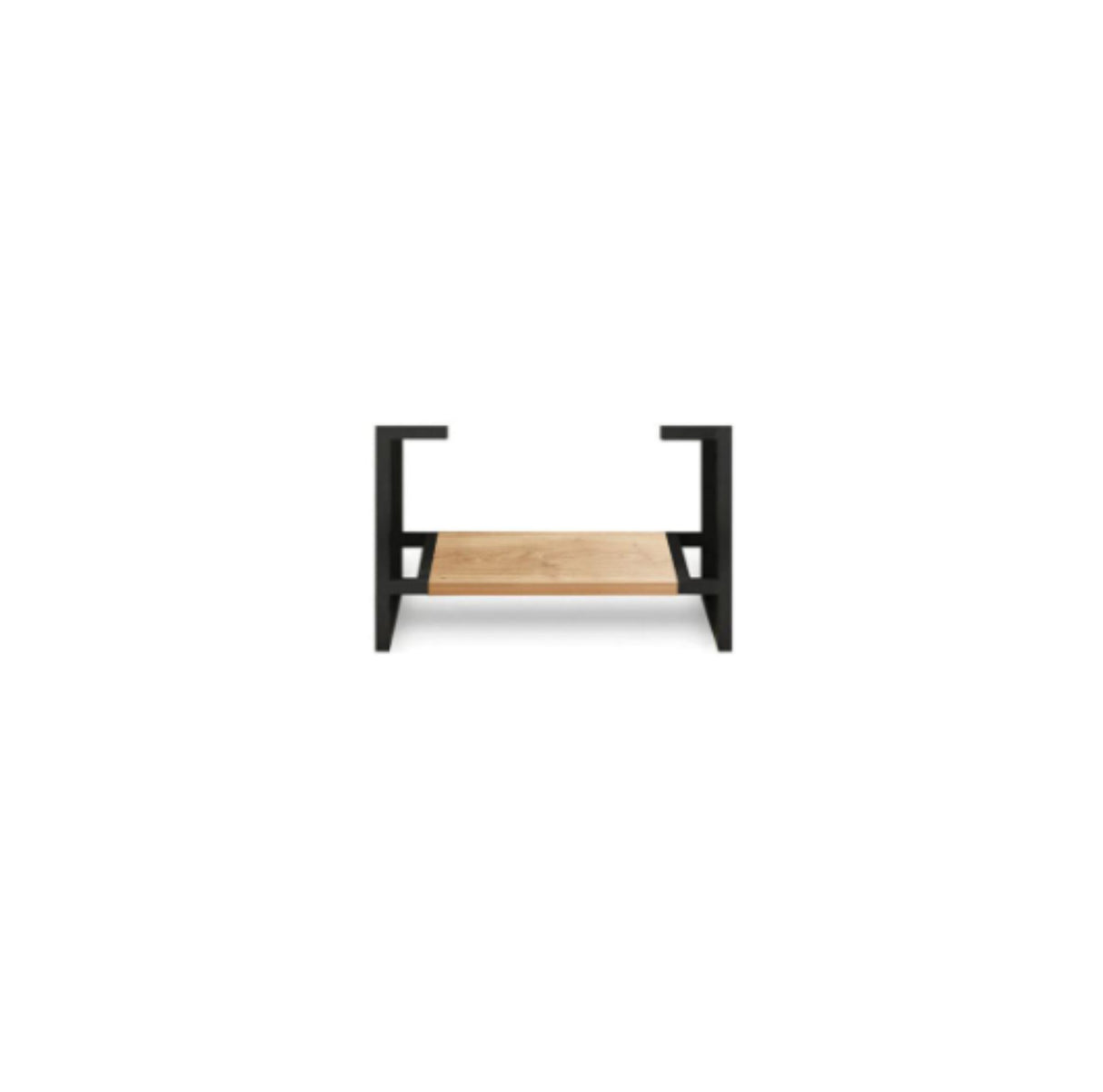 A minimalist bathroom vanity leg with a natural oak finish and a black metal frame, shown against a solid white background.