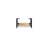 A minimalist bathroom vanity leg with a natural oak finish and a black metal frame, shown against a solid white background.