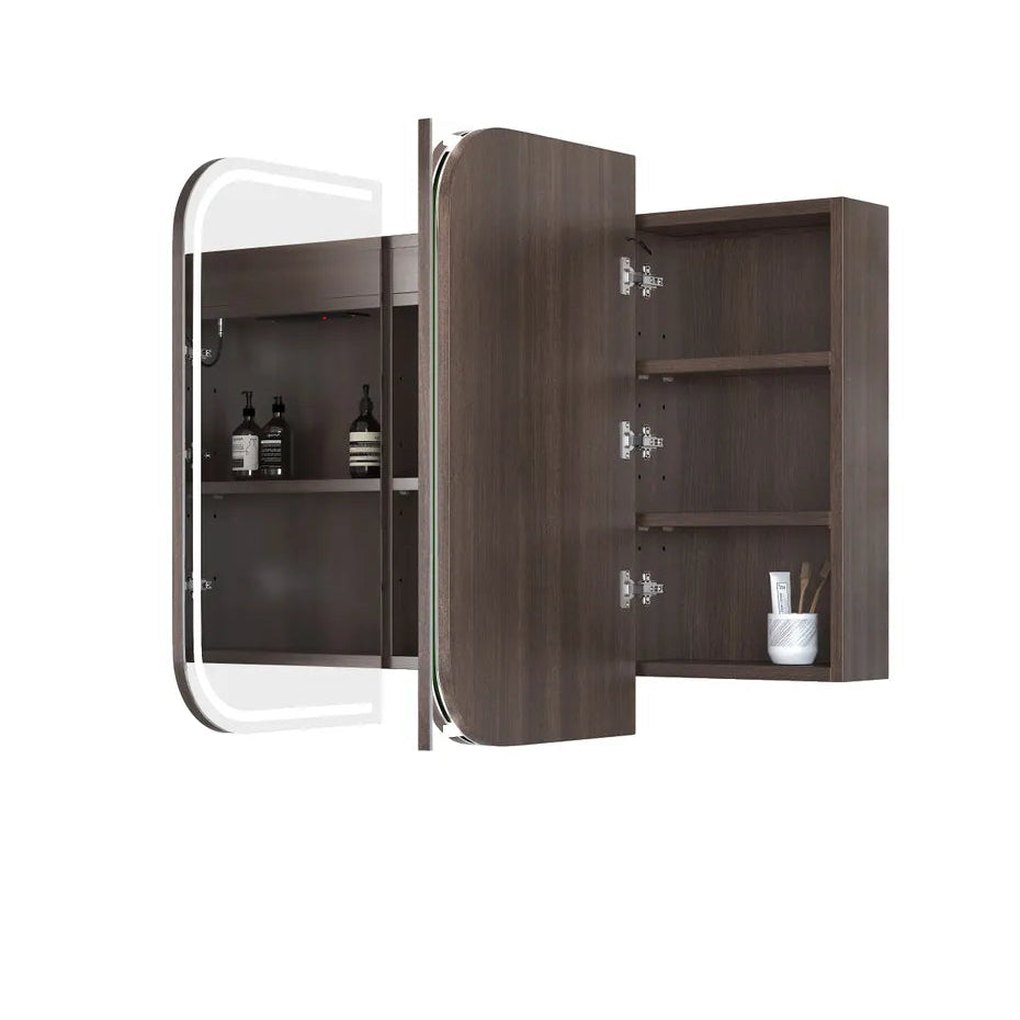 Wall-mounted cabinet with open door revealing shelves andmirrors on a white background
