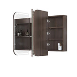 Wall-mounted cabinet with open door revealing shelves andmirrors on a white background
