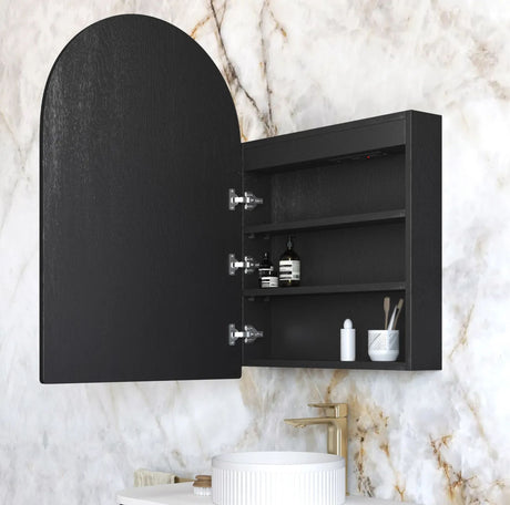 open black shaving cabinet with marble wall background