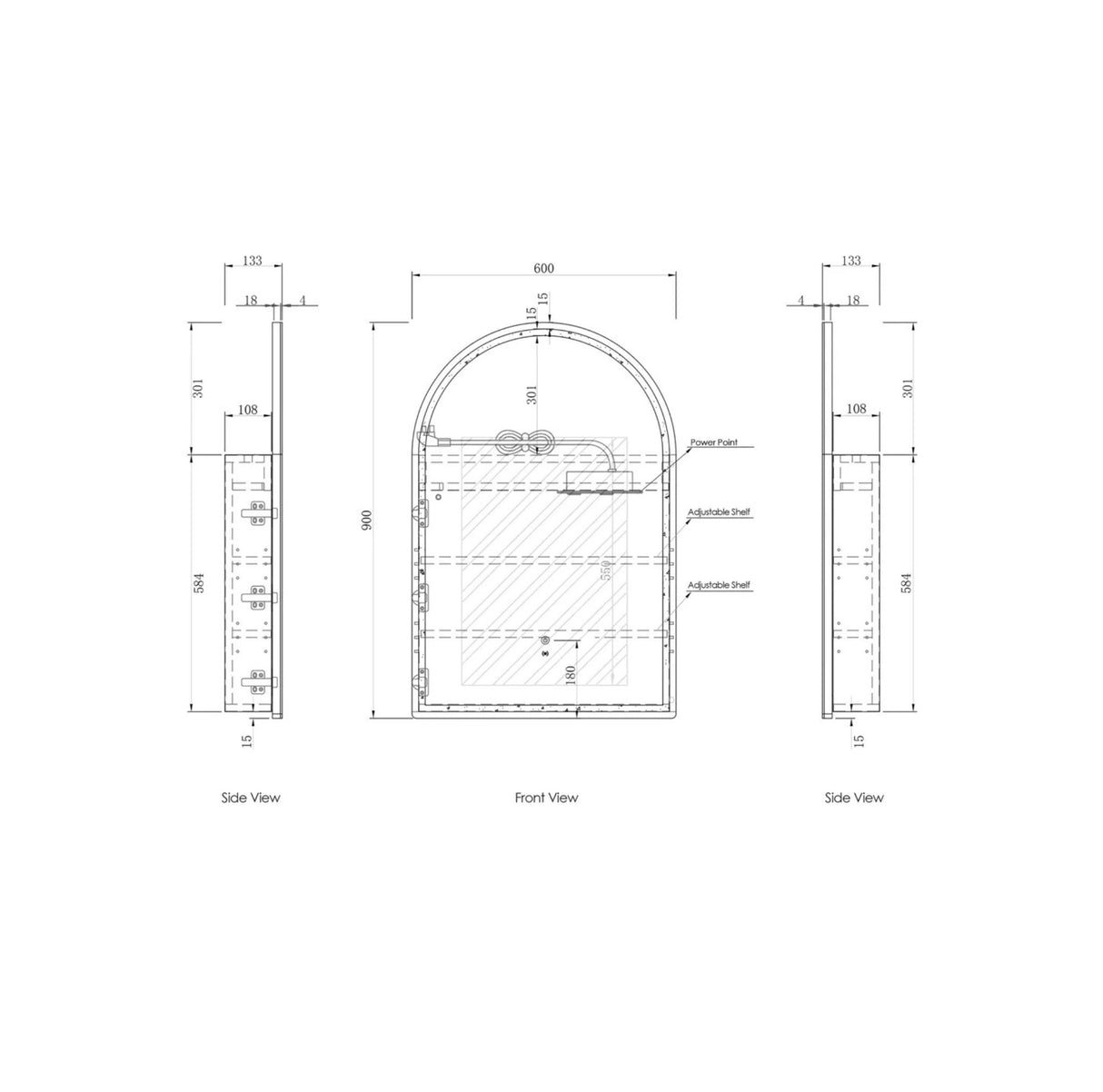 Technical drawing of an arch mirror with dimensions labeled