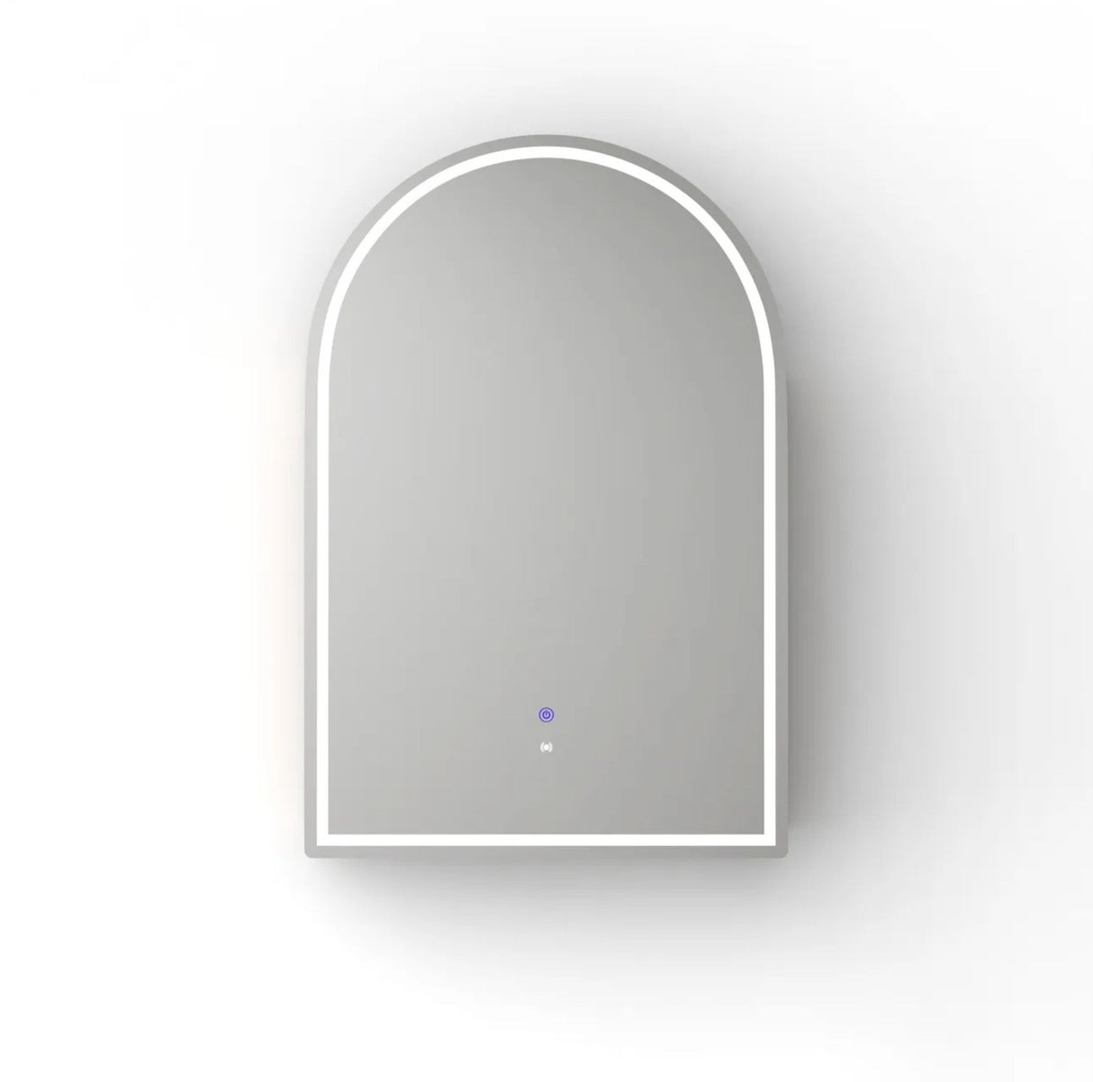 Arch-shaped mirror with a white frame on a light gray background